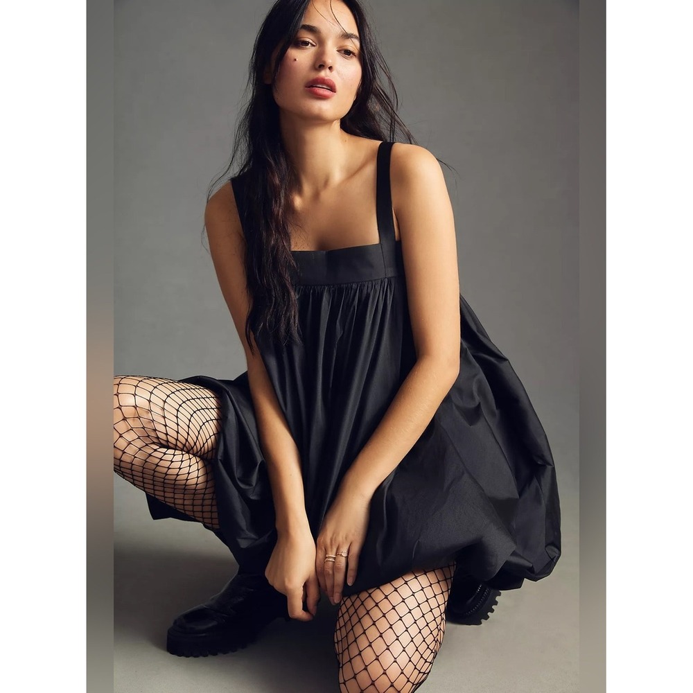 BLONI Anthropologie Black Taffeta Square Neck Bubble Mini Dress S High Fashion